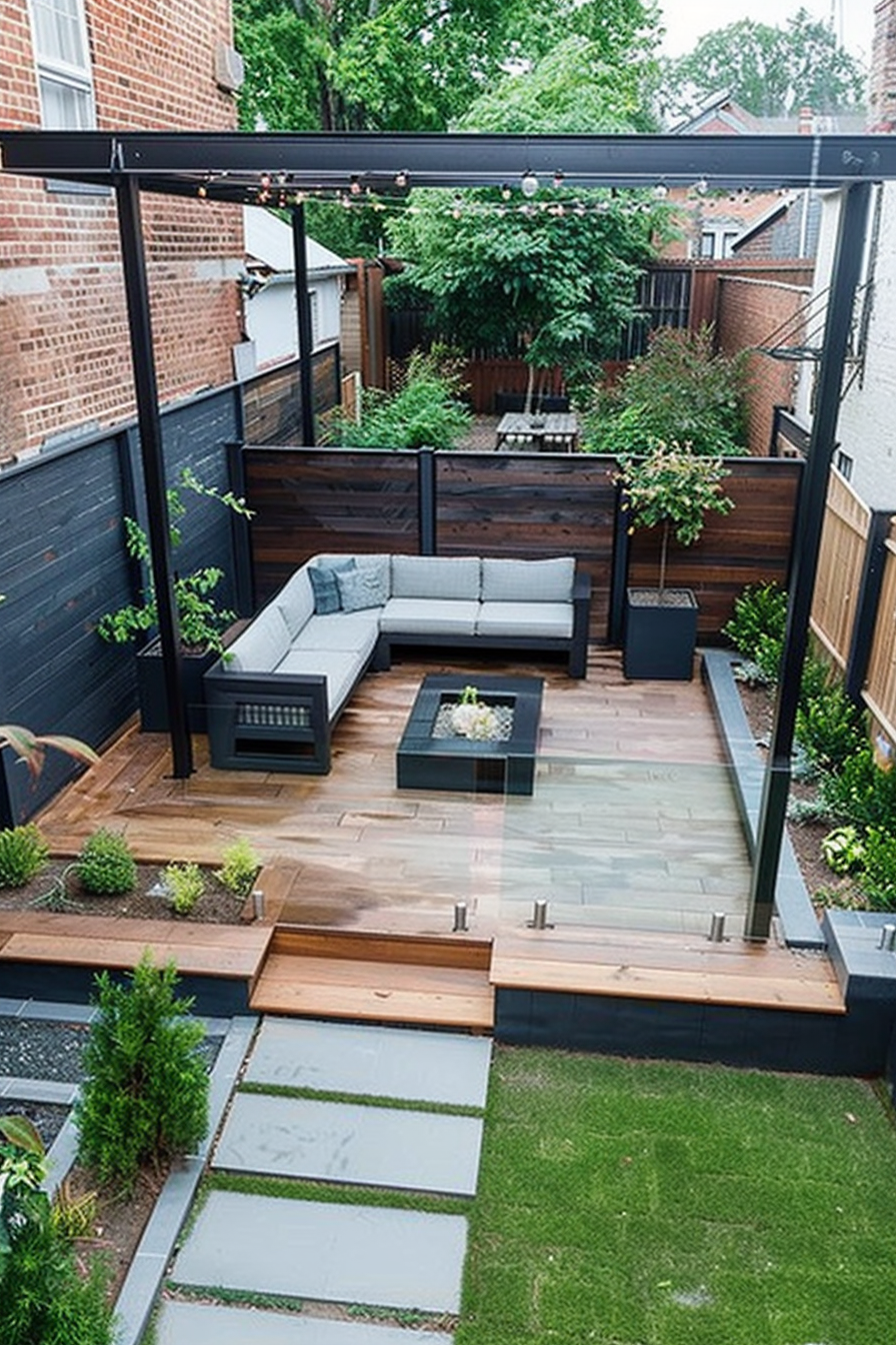 Modern backyard patio with sectional sofa, coffee table, wooden deck, greenery, and string lights under a pergola.
