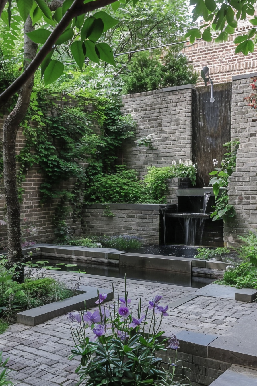 Tranquil garden with a water feature, brick walls covered in climbing plants, paved path, and blooming flowers in the foreground.