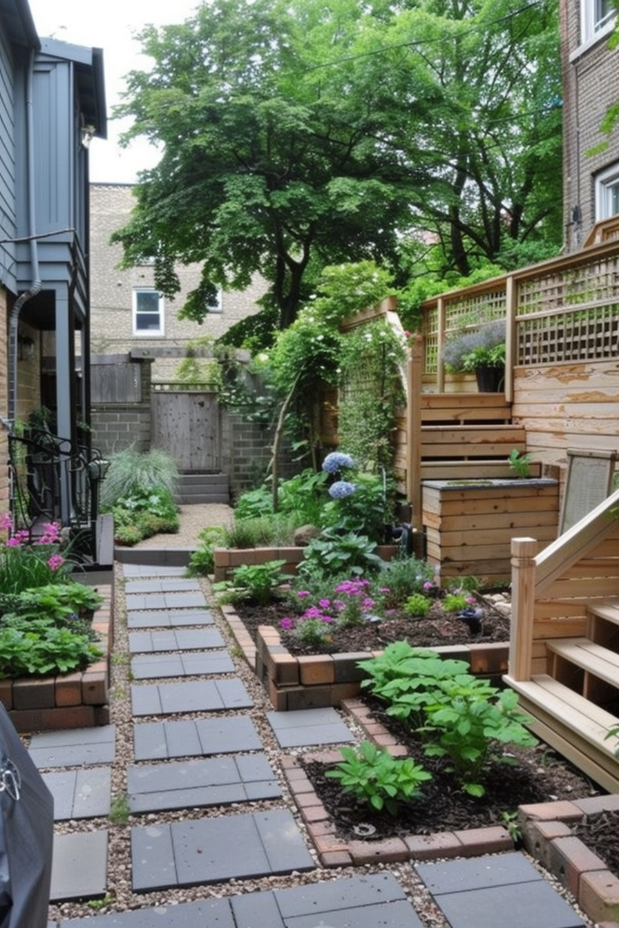 Alt text: A cozy backyard garden path with square stepping stones, bordered by lush plants and leading to a wooden deck with privacy trellis.