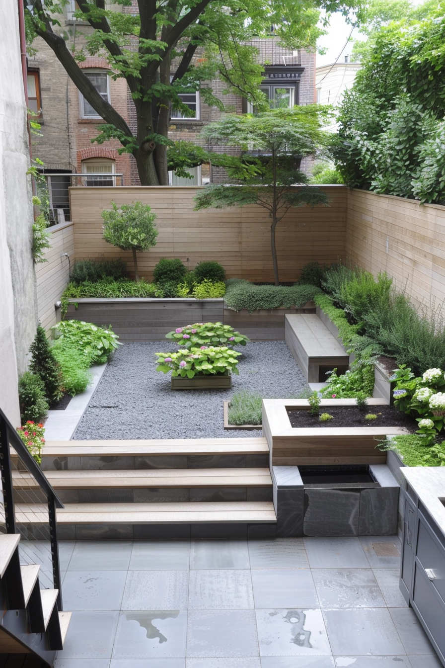 A modern urban garden with tiered plant beds, gravel area, wooden fencing, and a mix of shrubbery and small trees.