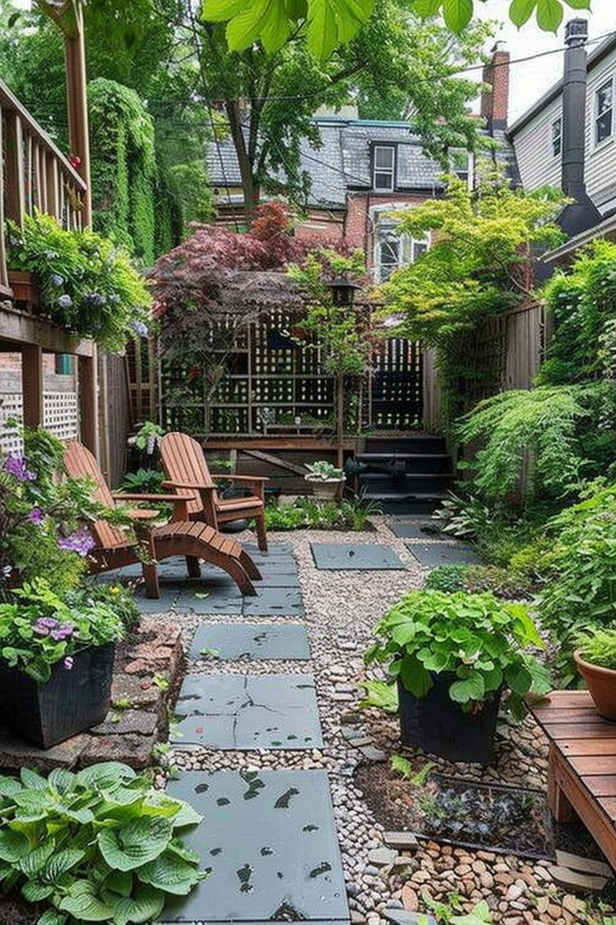 A serene backyard garden with stepping stones, wooden benches, lush greenery, and a trellis, surrounded by residential buildings.