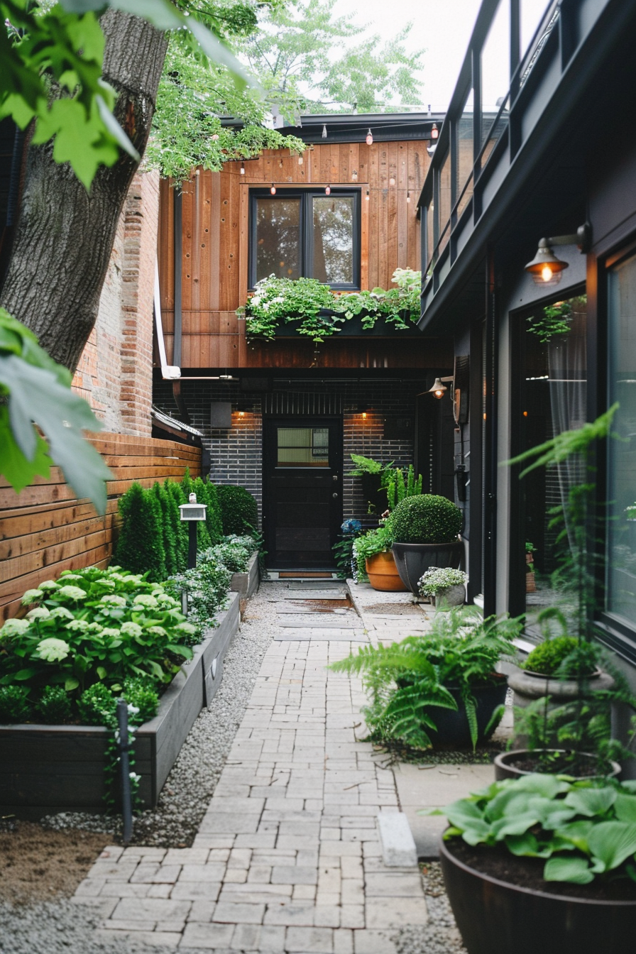 A cozy garden pathway lined with lush plants leading to a modern house with wooden accents and a balcony.
