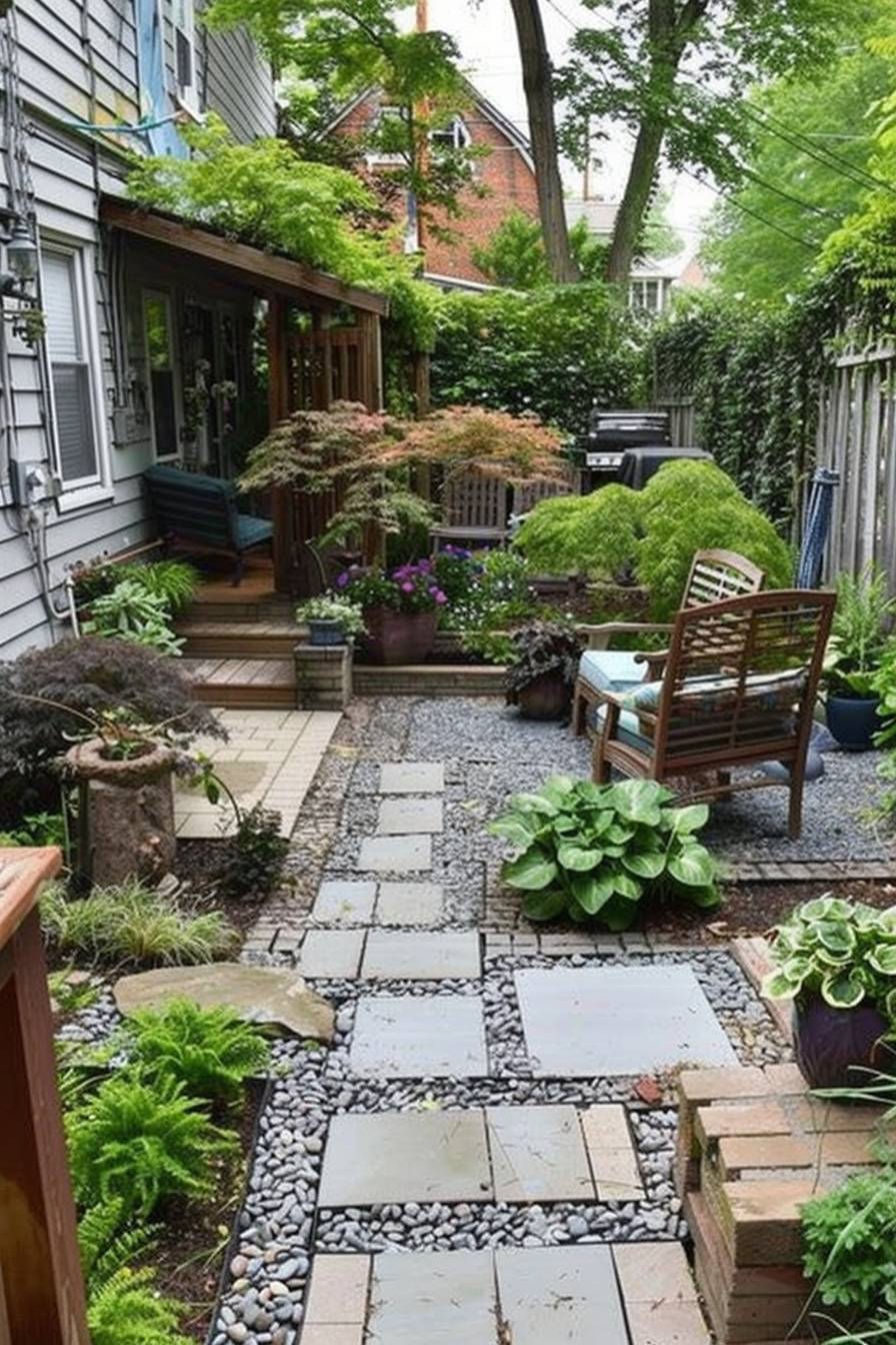 Cozy backyard garden with stone path, lush greenery, potted plants, and wooden bench.