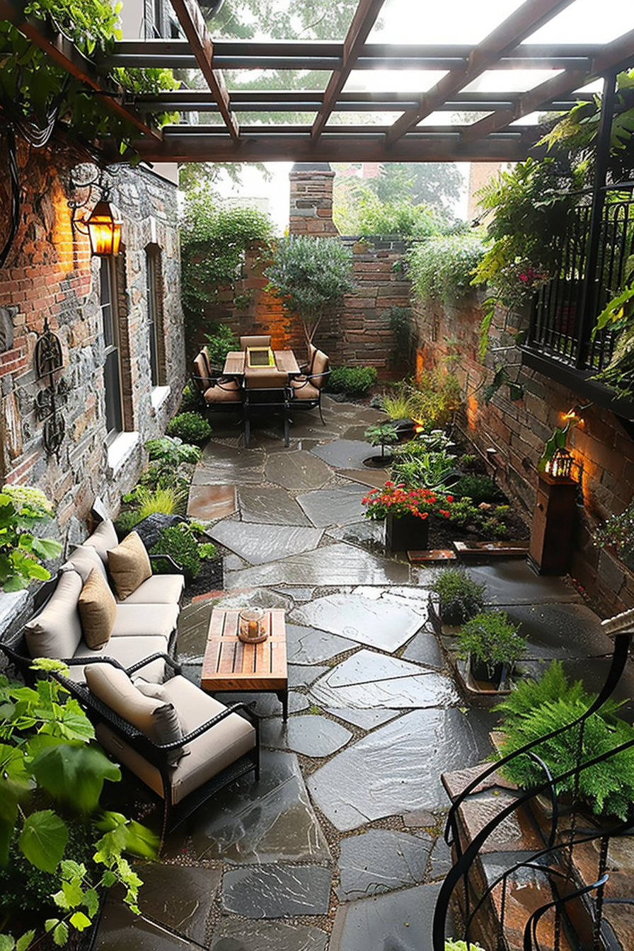 Cozy outdoor patio with seating, stone flooring, plants, and a pergola with a translucent cover on a rainy day.