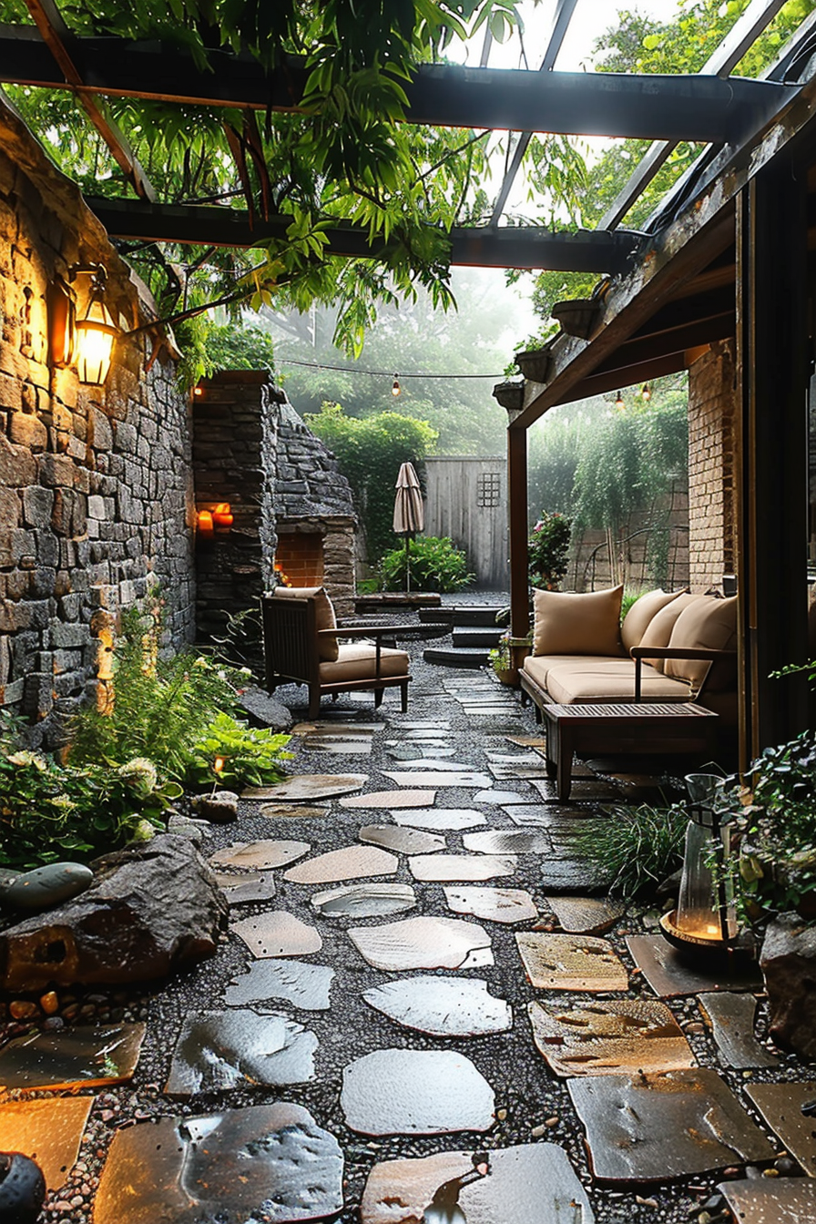 A serene outdoor patio with stone pathway, comfortable seating, lush greenery, and warm ambient lighting under a glass roof.
