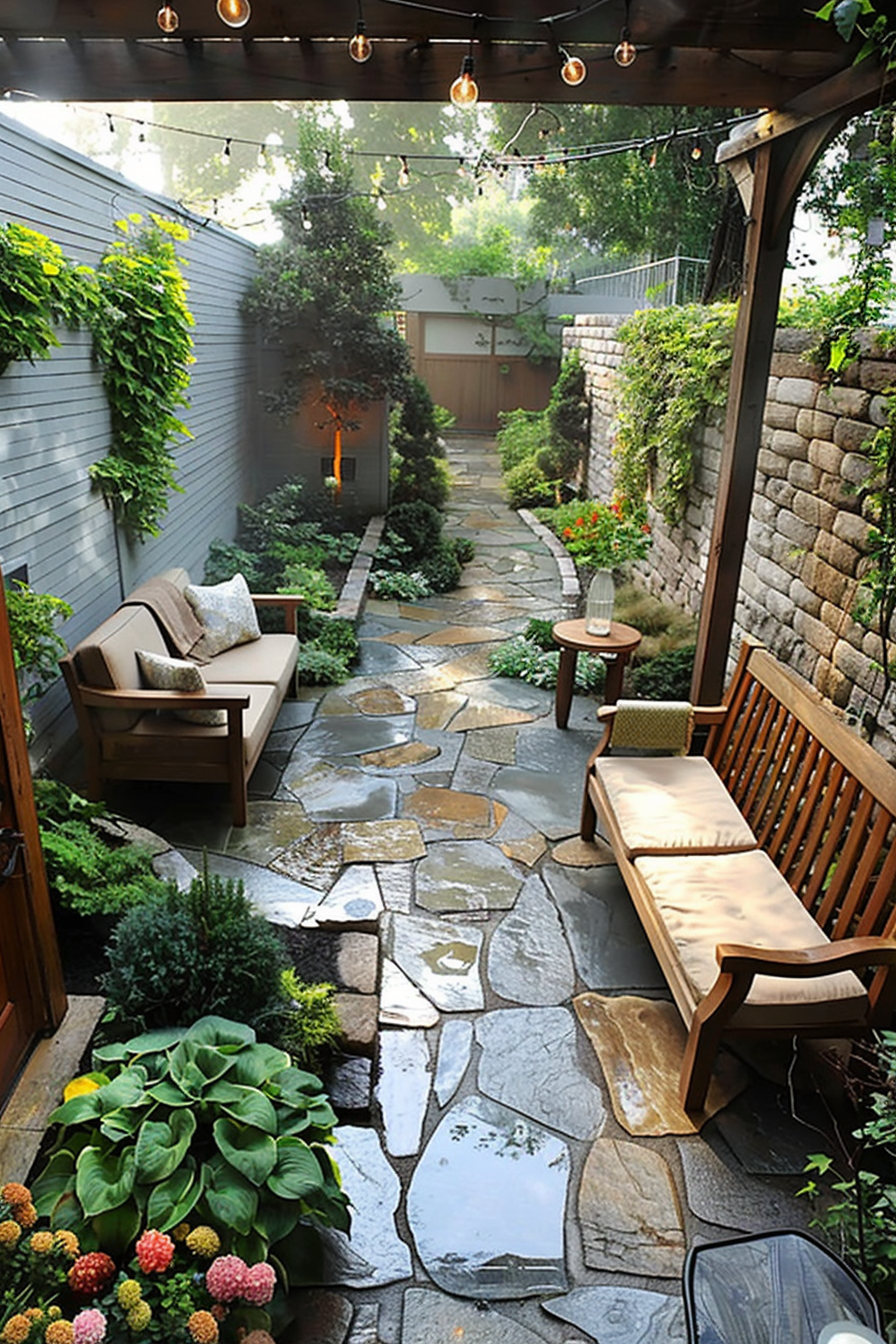 ALT: A cozy backyard patio with natural stone paving, wooden benches, hanging lights, lush greenery, and a pergola above.