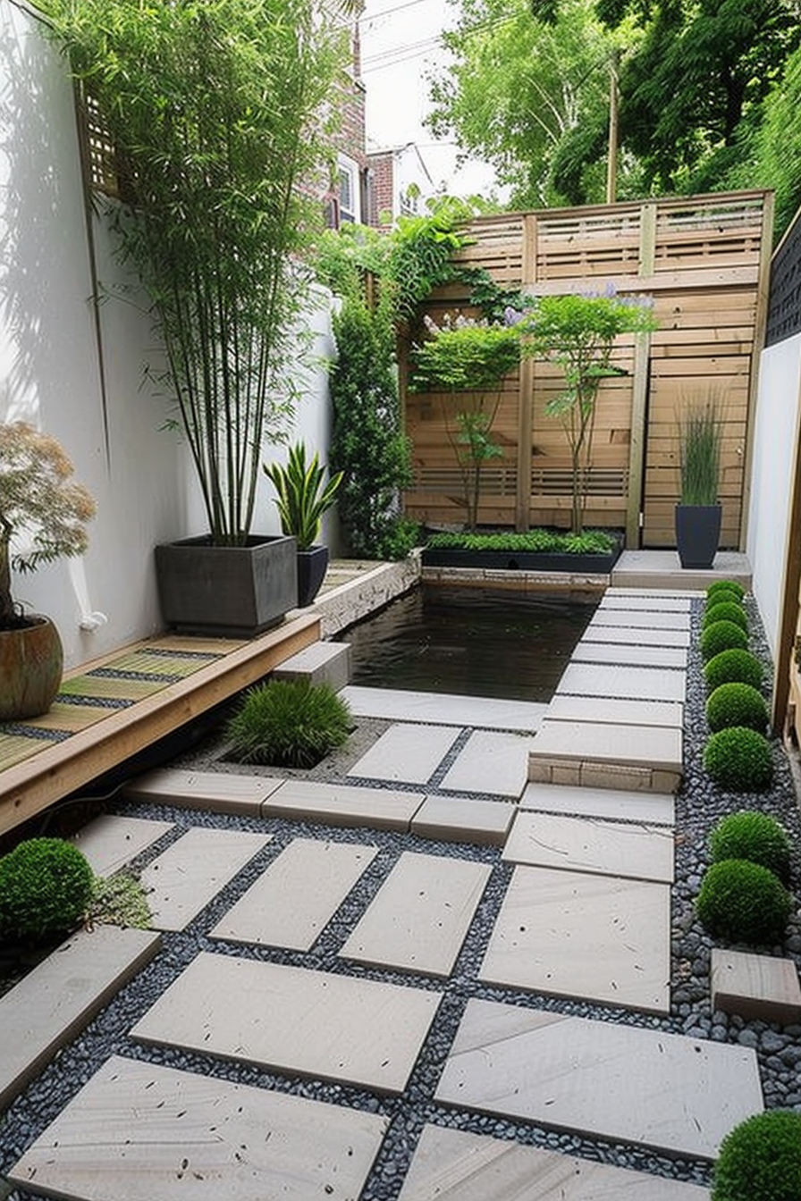 ALT text: A serene garden pathway with square stepping stones, surrounded by pebbles, plants, and a small water feature, creating a tranquil space.