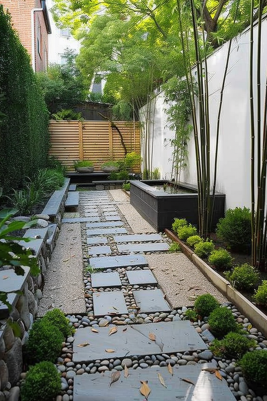 A serene garden pathway with stepping stones, surrounded by greenery, pebbles, and modern planters in a well-manicured backyard.