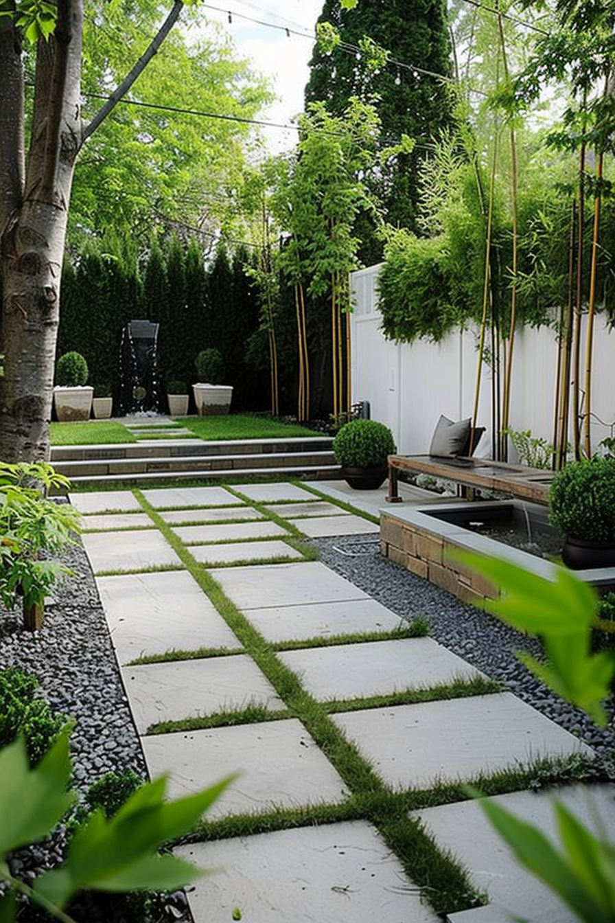 ALT: A modern garden pathway with large square stepping stones, grass joints, and bamboo accents, leading to a seating area with a water feature.