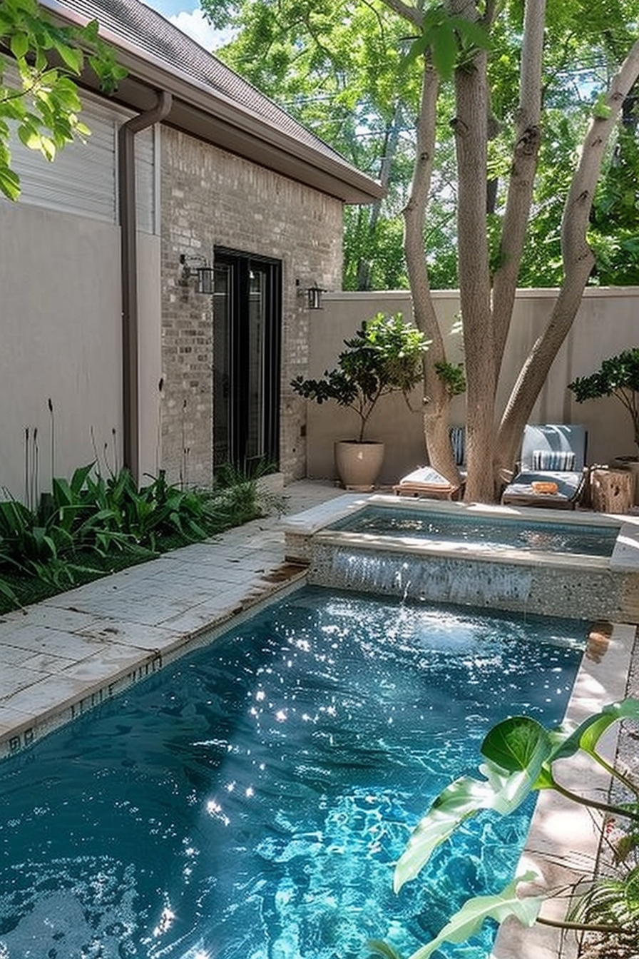 Tranquil backyard oasis featuring a sparkling pool, surrounded by lush greenery, with a small waterfall and cozy seating area.