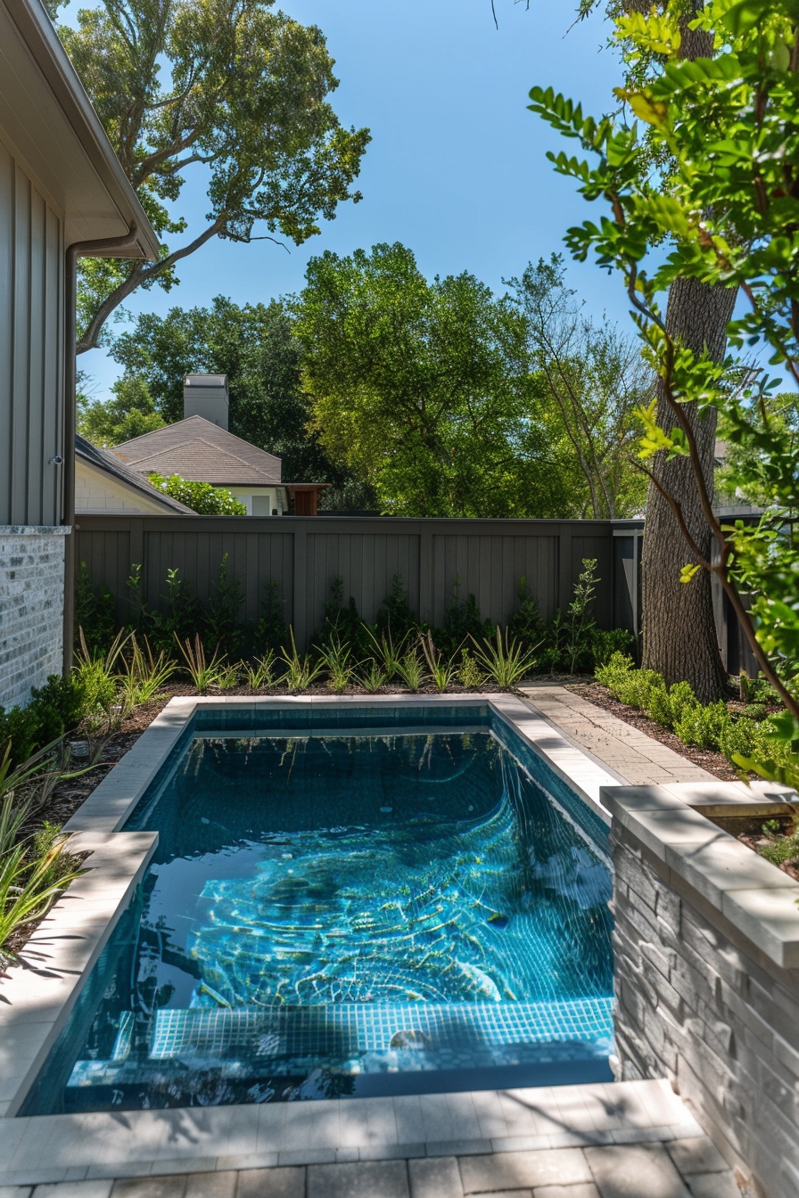A small backyard pool with clear water surrounded by greenery and a wooden fence under a clear blue sky.