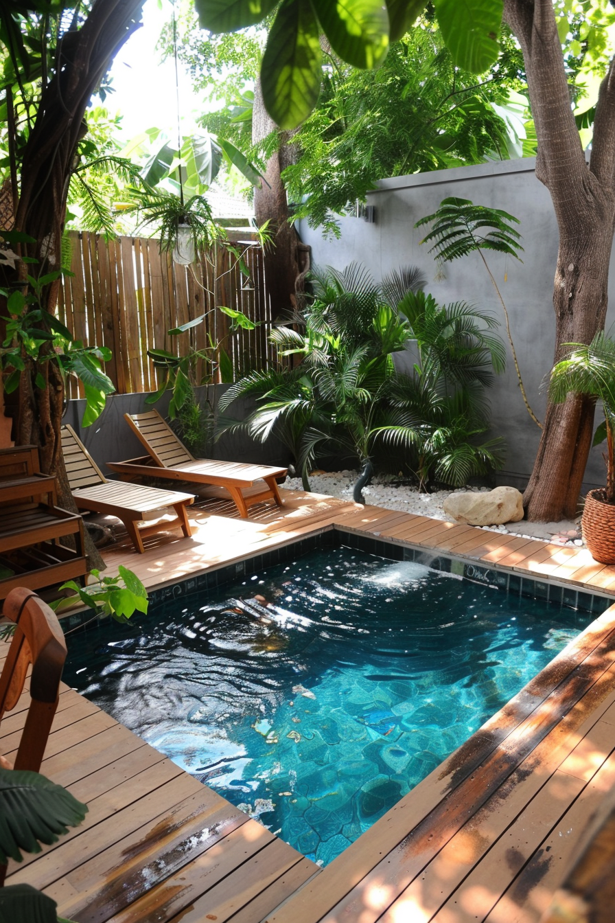ALT text: A tranquil backyard oasis with a small pool surrounded by wooden decking, sun loungers, lush greenery, and shaded by trees.