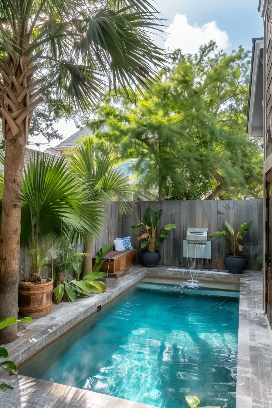 A serene backyard oasis with a narrow pool, flanked by lush tropical plants and a wooden deck, with a built-in grill and bench under dappled sunlight.
