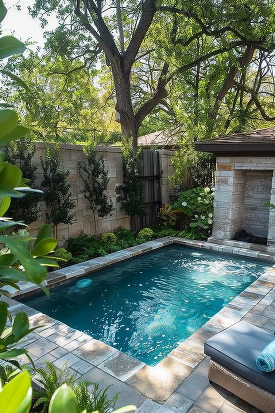 A serene backyard with a rectangular swimming pool surrounded by stone paving, greenery, and a large tree casting shade.