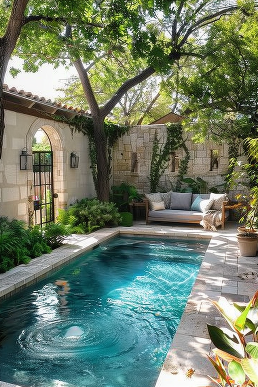 A serene backyard oasis with lush greenery, a small pool, stone walls, and a cozy seating area under the shade of mature trees.