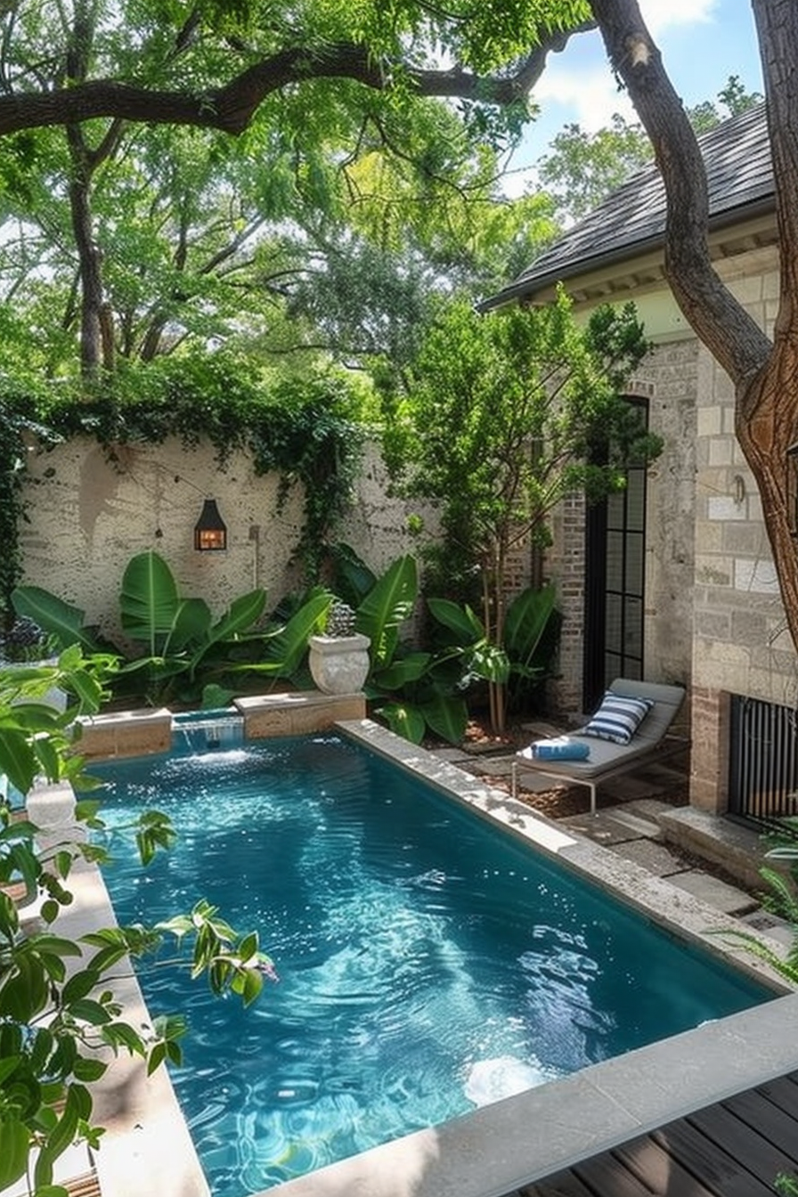 A serene backyard with a narrow swimming pool surrounded by lush greenery, and a stone wall with a mounted lantern.