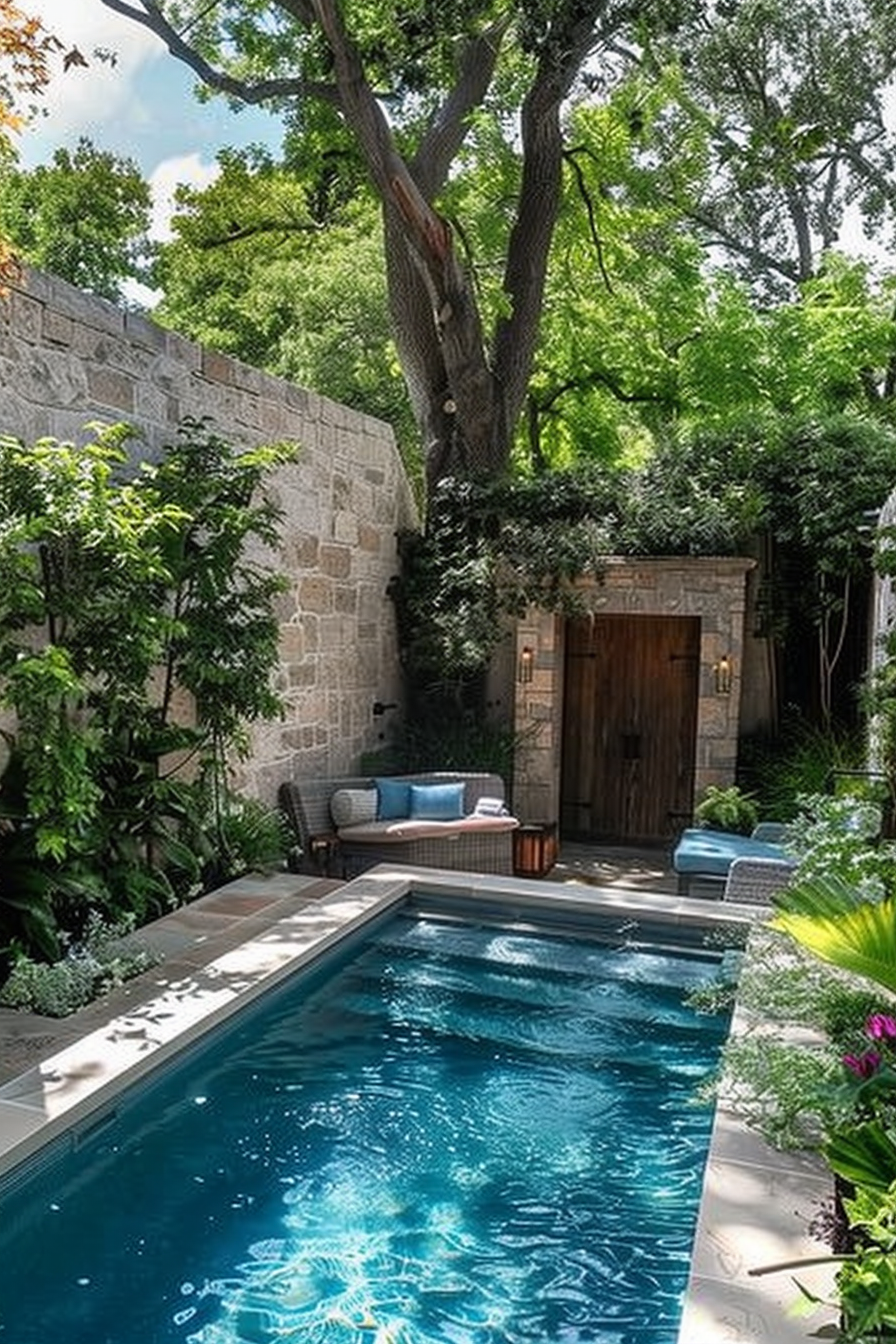 ALT Text: "Tranquil backyard garden with a narrow swimming pool, stone walls, lush greenery, and cozy seating area beneath large shade trees."