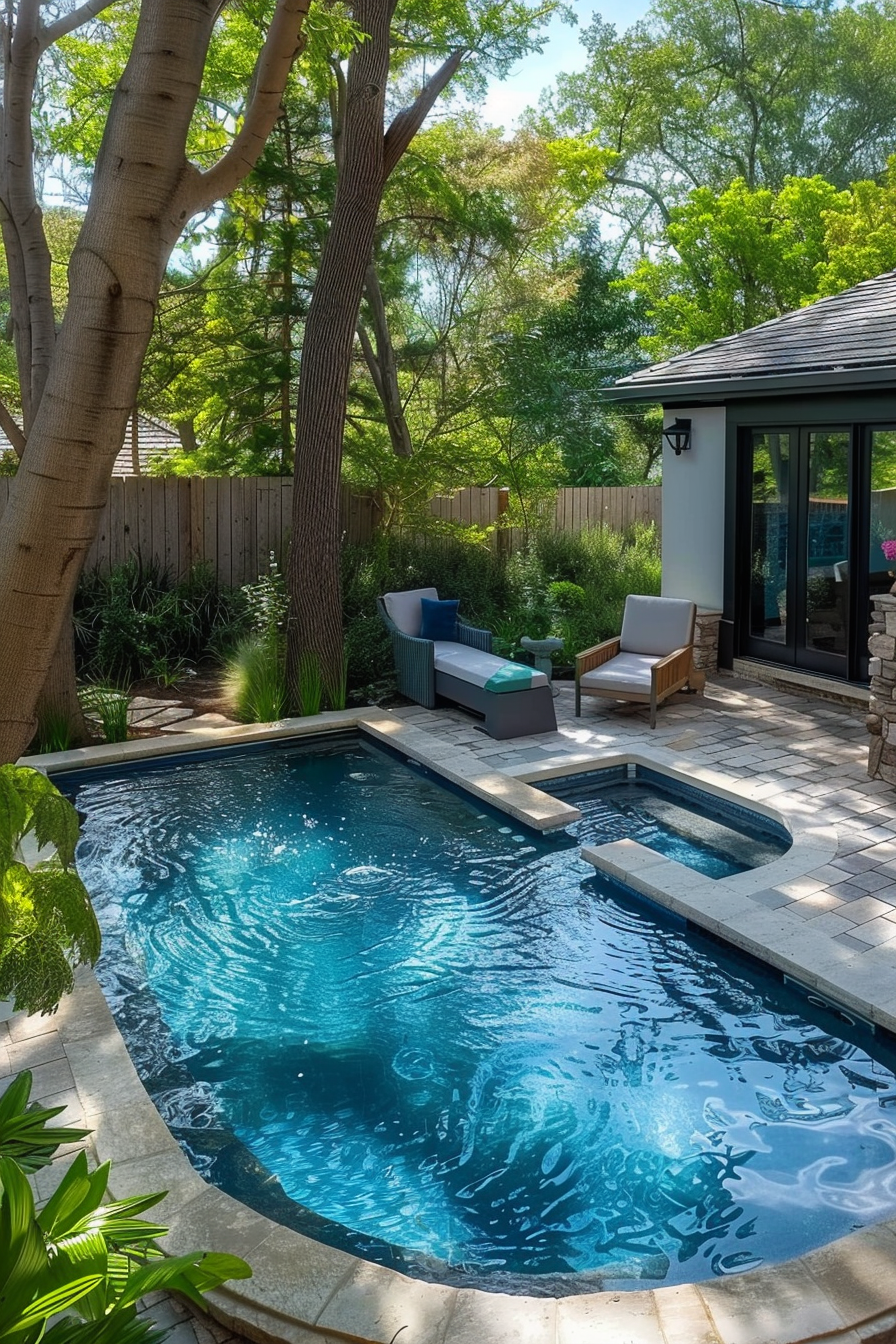 A serene backyard featuring a blue swimming pool with adjacent hot tub, surrounded by lush greenery and modern patio furniture.