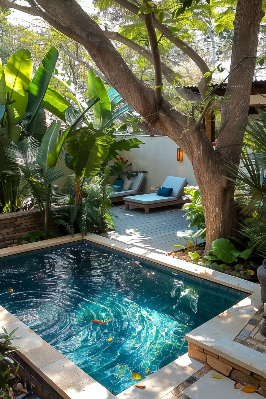 A tranquil poolside oasis with sun loungers surrounded by lush greenery and shaded by overhanging trees.