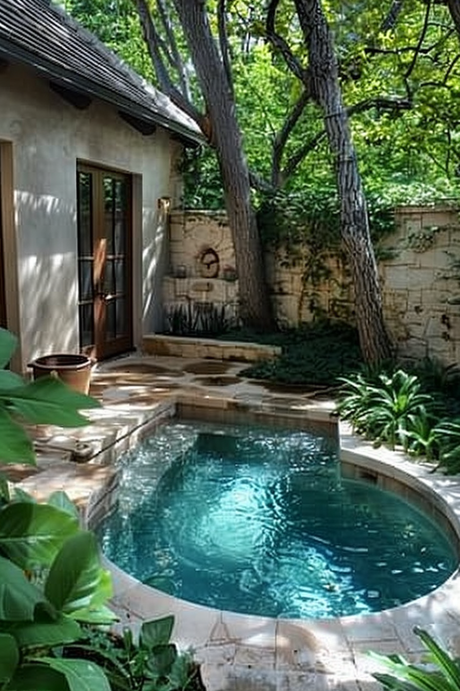 A serene backyard with a circular pool surrounded by trees and greenery, next to a stone-paved path and a cream-colored house.