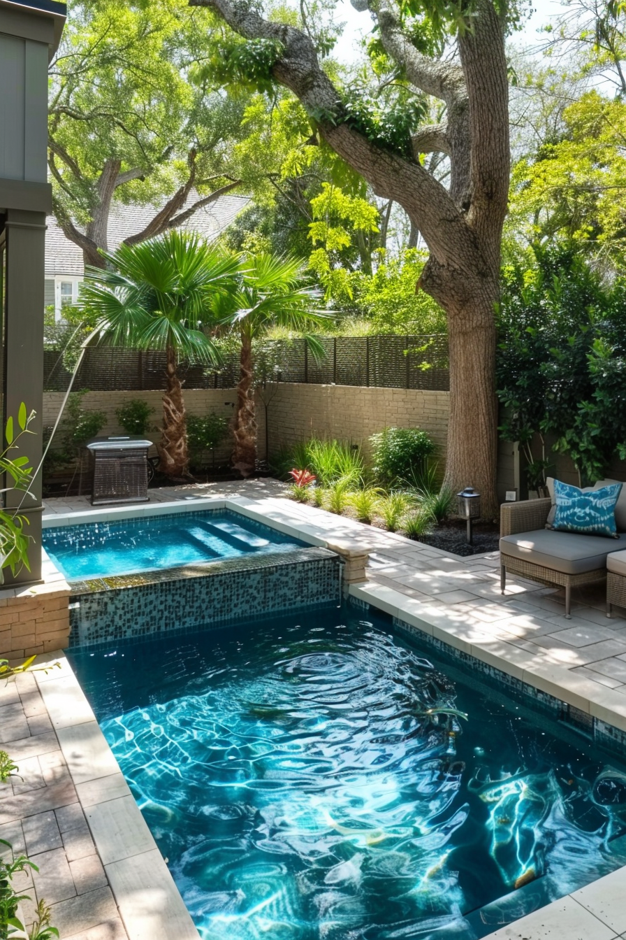 A serene backyard with a sparkling blue pool, surrounded by lush trees, a cozy lounge chair, and a brick privacy wall.