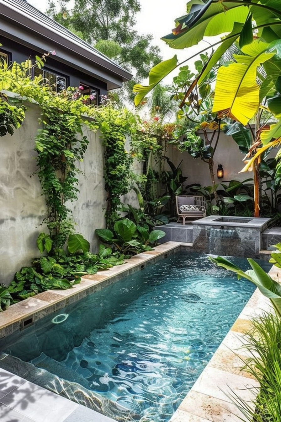 A tranquil backyard pool surrounded by lush greenery and tropical plants, with a cozy chair beside it for relaxation.