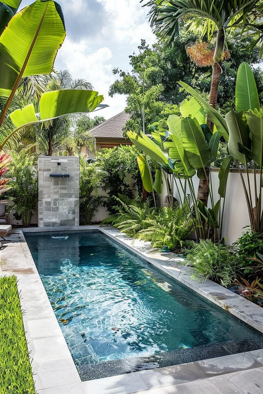 ALT: A narrow rectangular swimming pool surrounded by lush tropical plants and a tall outdoor shower set within a serene garden.