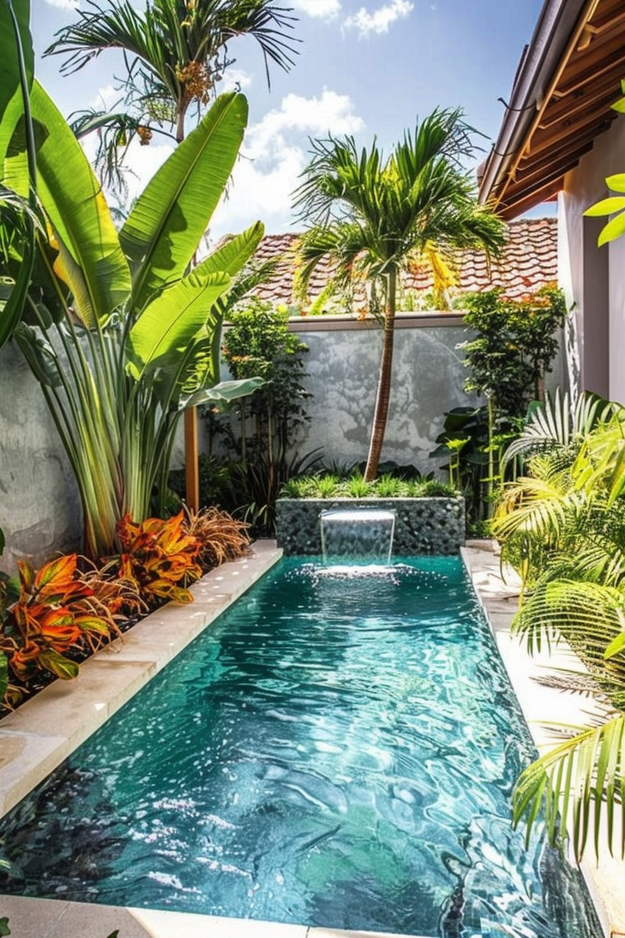 An inviting tropical pool surrounded by lush greenery and cascading water features, nestled in a private garden area.