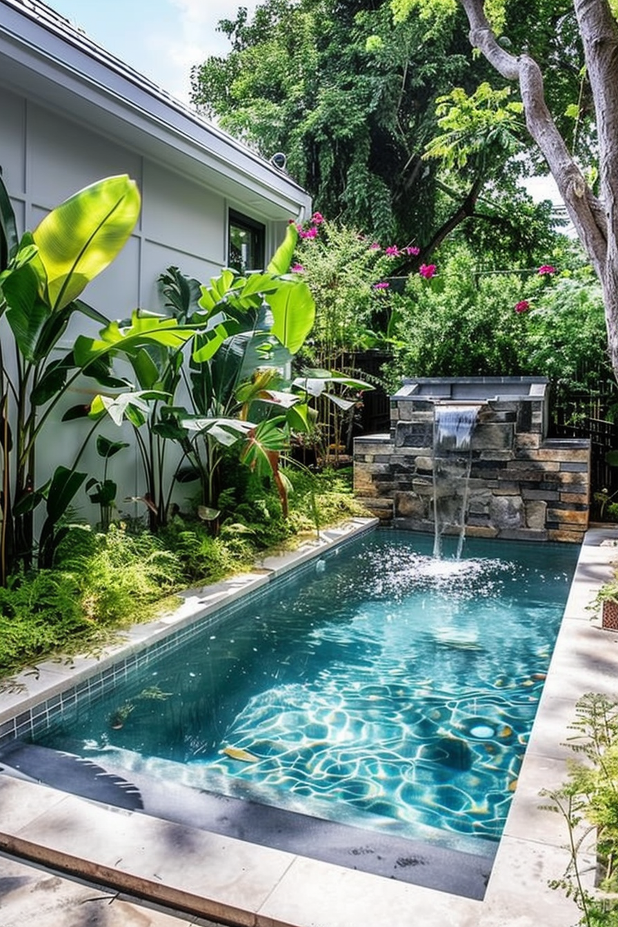 A lush backyard with a small rectangular pool, stone waterfall feature, and vibrant tropical plants under a clear sky.