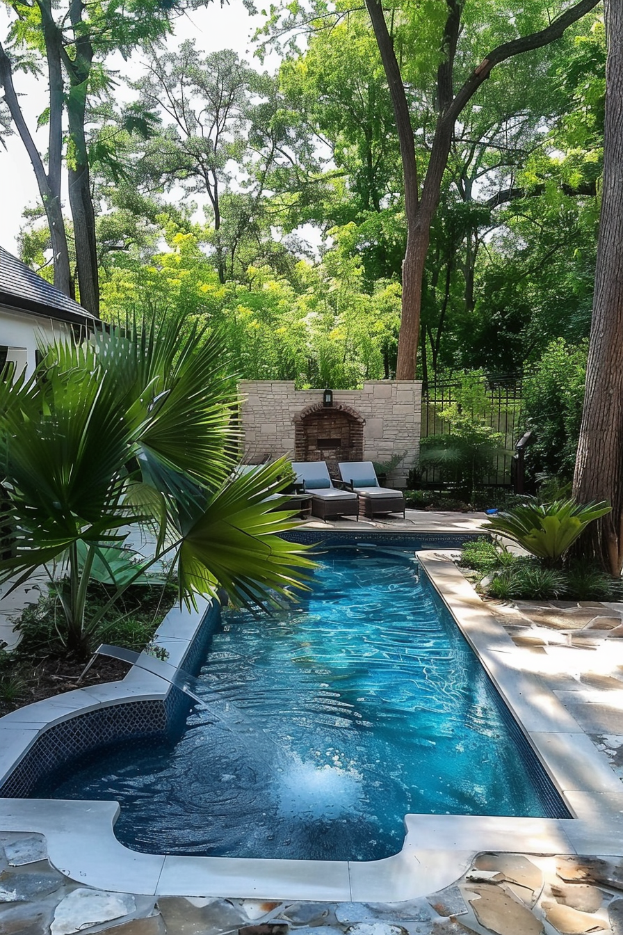 A backyard oasis featuring a narrow pool with a water feature, surrounded by lush vegetation and a stone fireplace at the end.