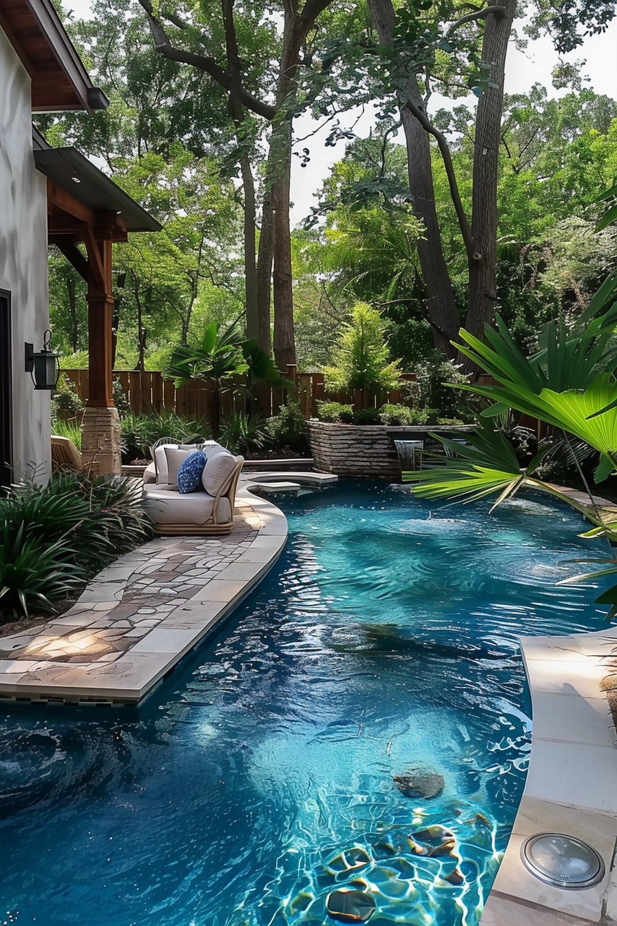 A serene backyard pool with stone tiles surrounded by lush greenery and a comfortable armchair by the house.