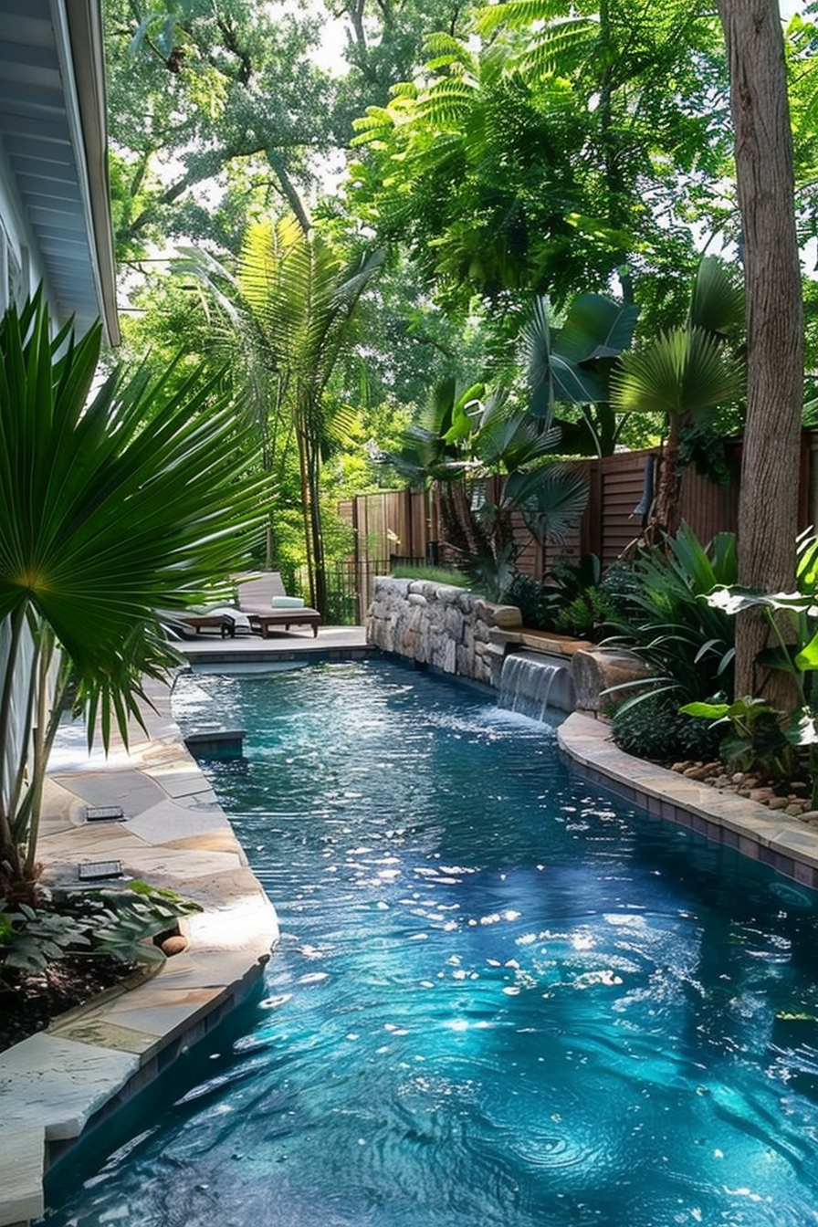 ALT text: A serene backyard pool surrounded by lush greenery, featuring a small waterfall and a single poolside lounger, reflecting a sense of tranquility.