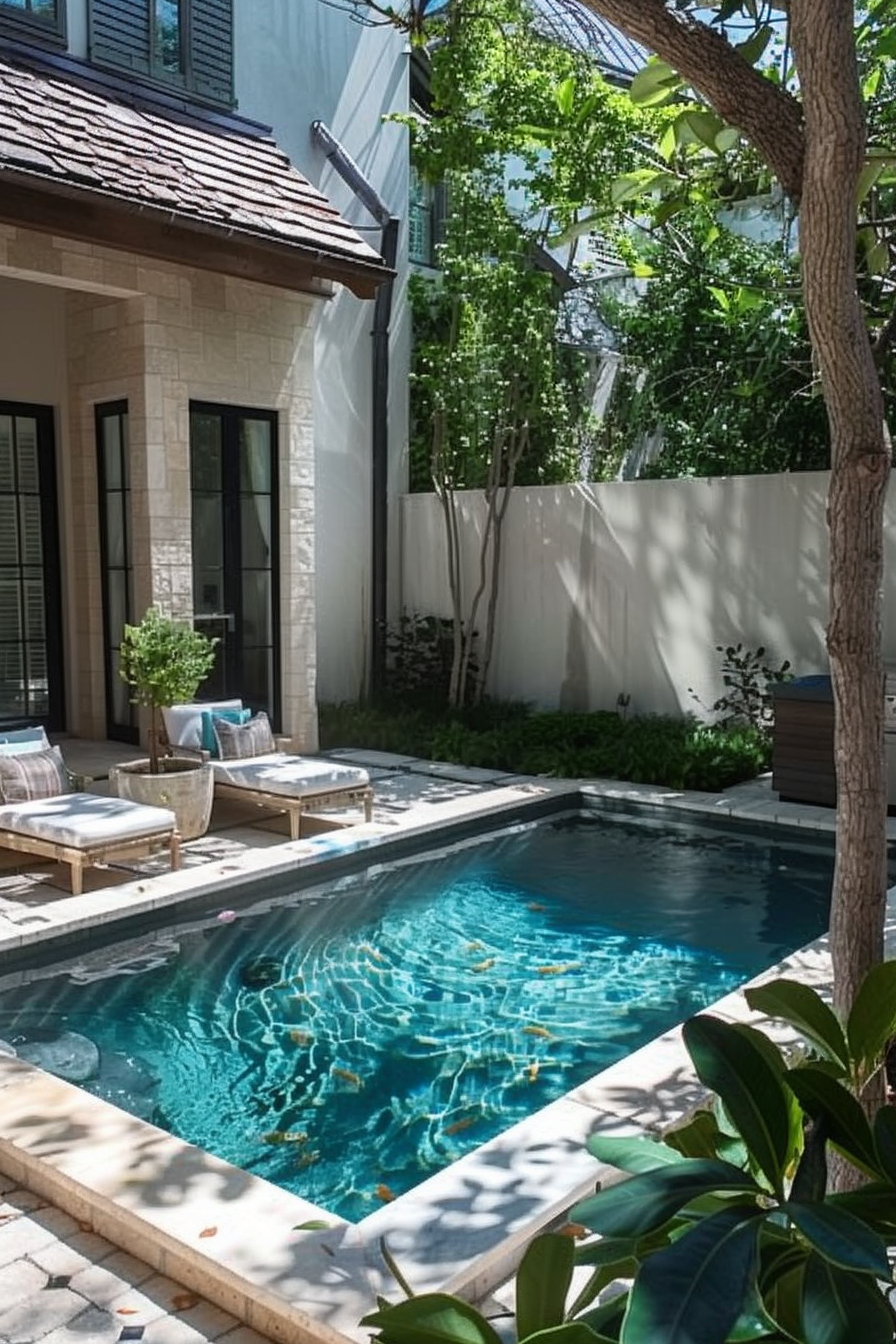 A serene backyard with a small rectangular pool, surrounded by lounge chairs and lush greenery near a modern house.