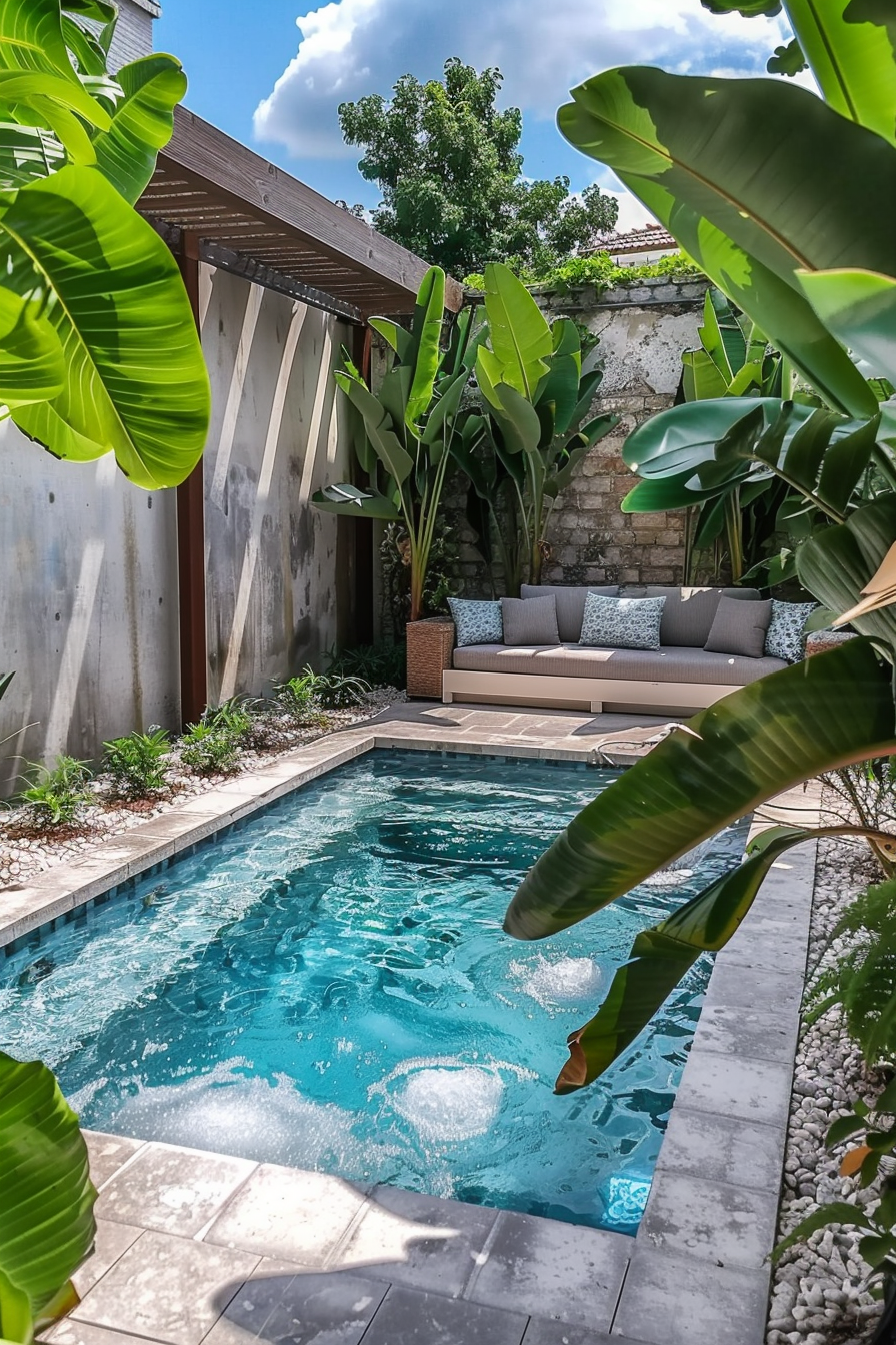A serene backyard pool surrounded by lush green plants, with a comfortable outdoor sofa under a canopy.