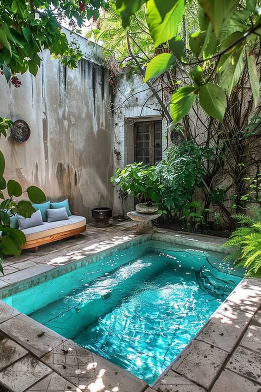 A serene courtyard with a turquoise plunge pool, surrounded by lush greenery and a cozy daybed.