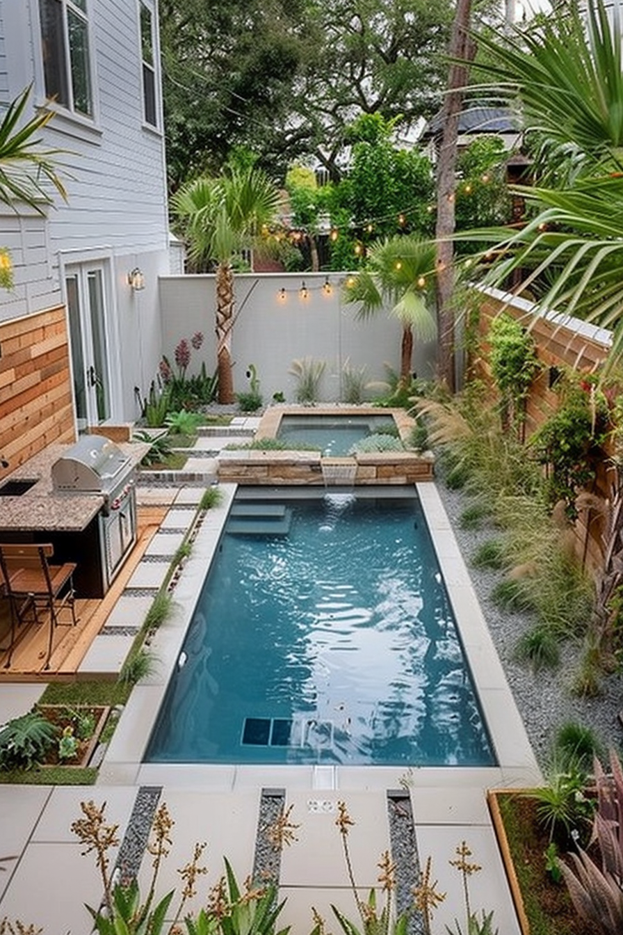ALT: A cozy backyard with a small pool, surrounded by tropical plants, string lights, and an outdoor kitchen area.