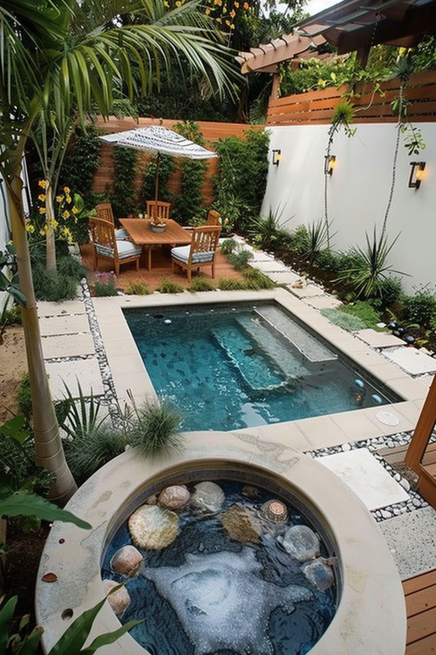A cozy backyard with a small pool, hot tub, wooden dining set under a parasol, surrounded by green plants and privacy fencing.