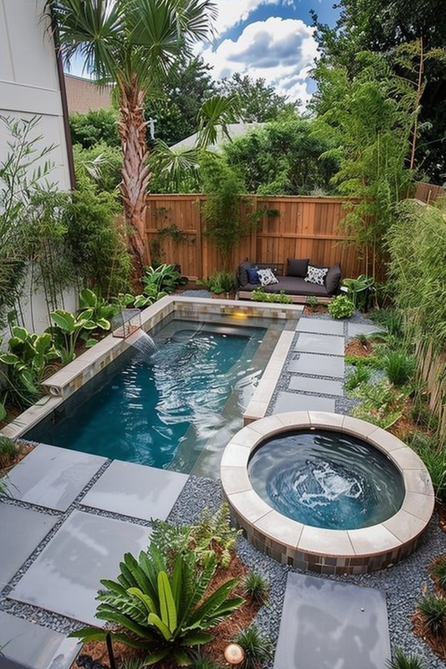 ALT: A tranquil backyard garden with a small pool and an adjacent jacuzzi, surrounded by lush plants and a wooden fence, under a cloudy sky.