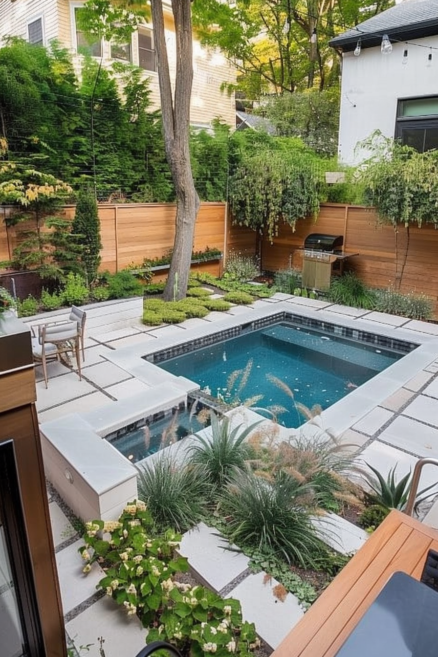 Modern backyard with a square swimming pool, surrounded by patio and diverse plants, with a wooden fence and white house in the background.