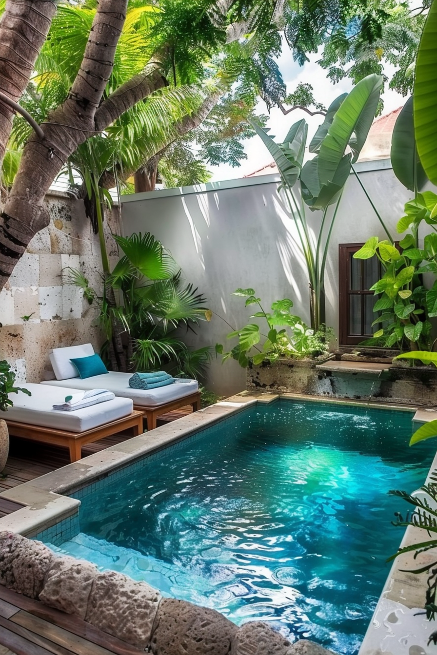 ALT: A serene private pool area surrounded by lush greenery and two sun loungers, with clear blue water and tropical plants enhancing the tranquility.
