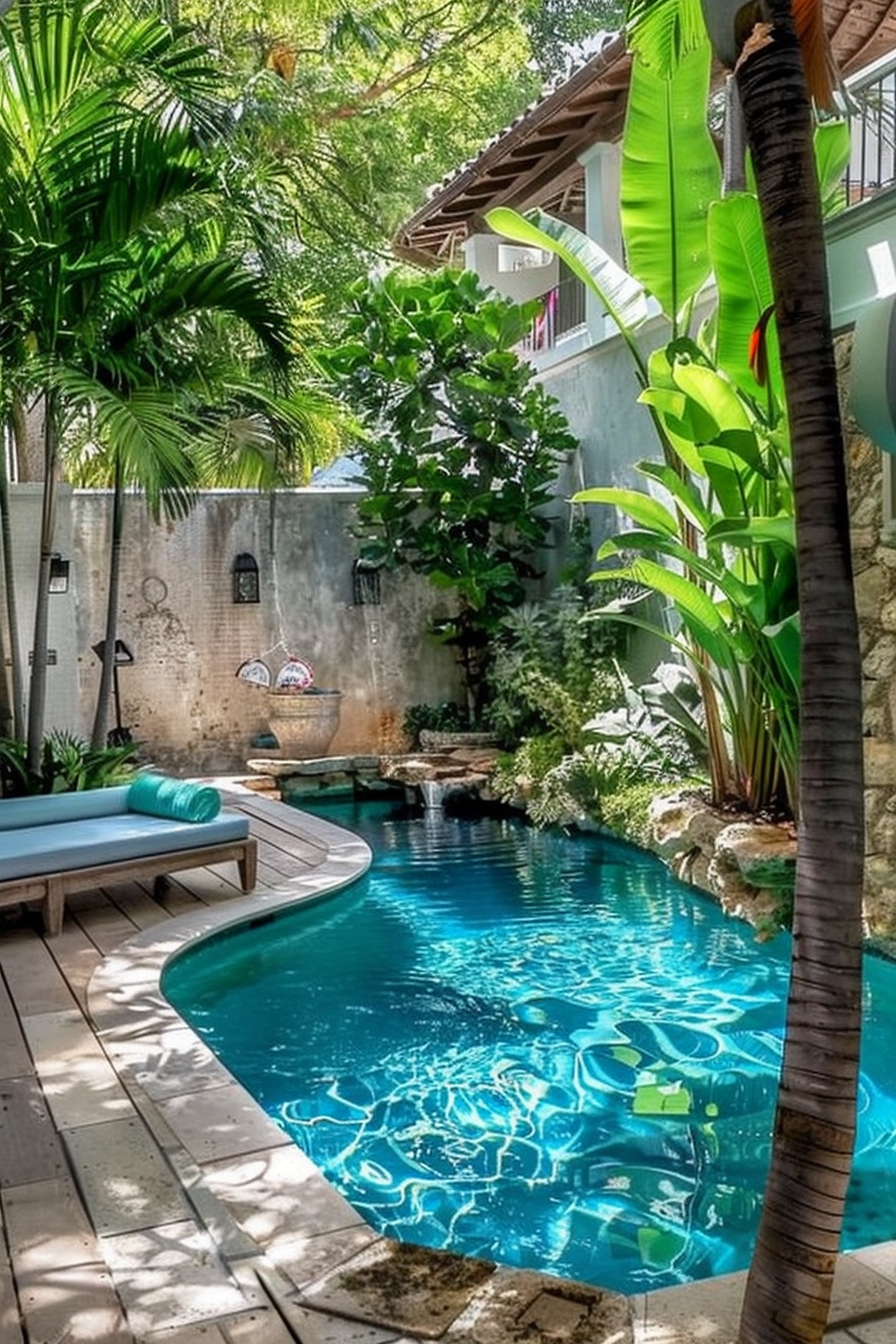 A serene backyard oasis featuring a curving pool surrounded by tropical plants, with a sun lounger on the deck and a stone wall in the background.