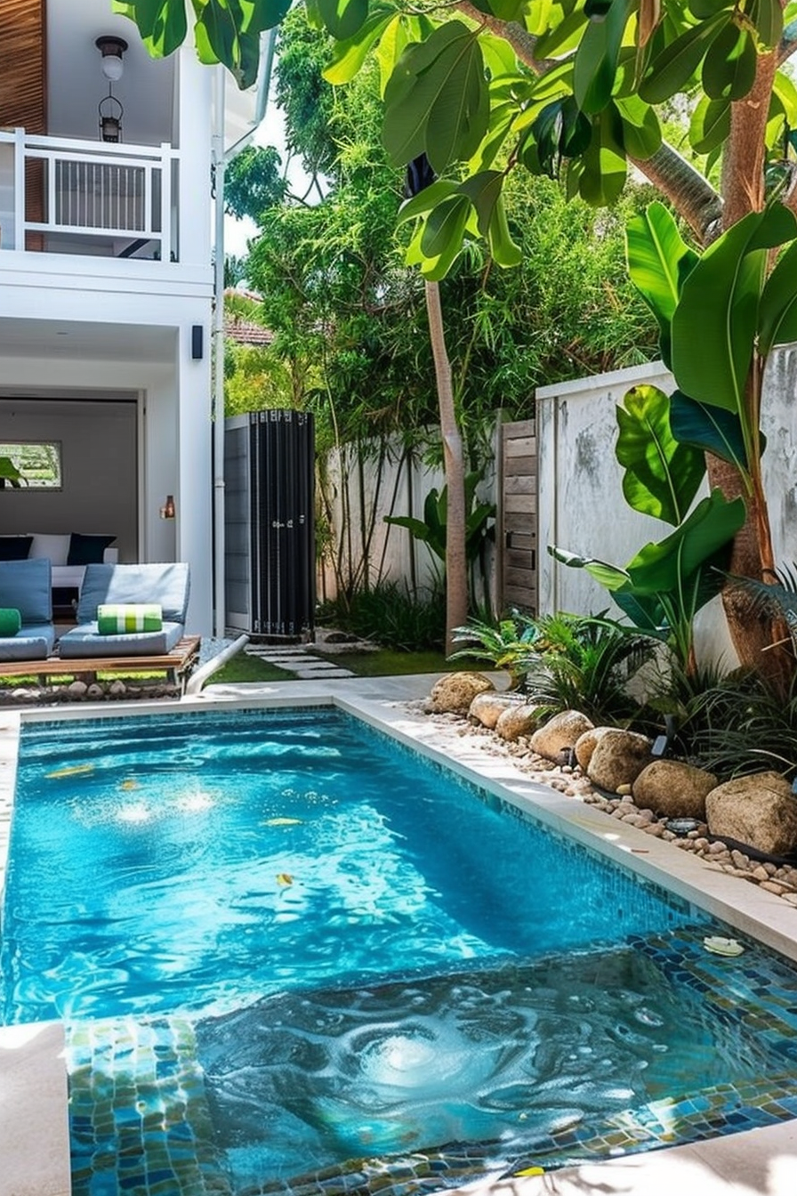 A tranquil backyard with a narrow swimming pool surrounded by lush greenery and a modern white house structure.
