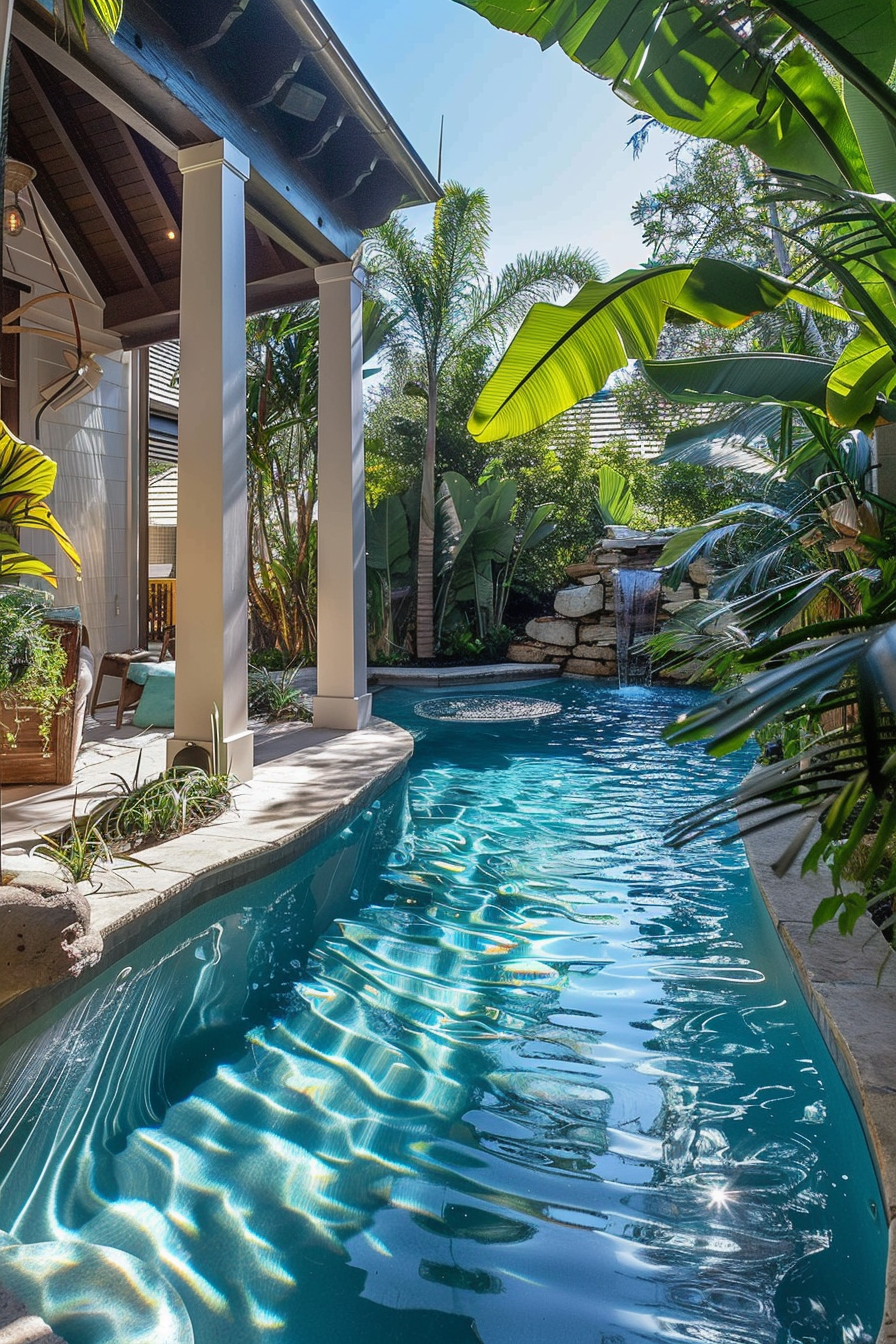 Narrow lap pool with clear blue water beside a tropical-style house, surrounded by lush greenery and a small waterfall feature.