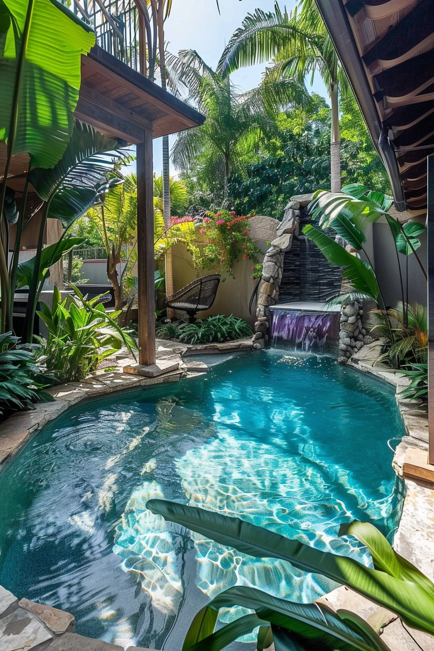 Tropical backyard oasis with curved pool, waterfall, lush greenery, and hammock, offers a serene relaxation spot.