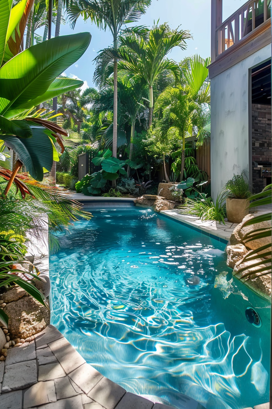 ALT: A serene backyard pool surrounded by lush tropical greenery and plants with clear blue water reflecting sunlight.