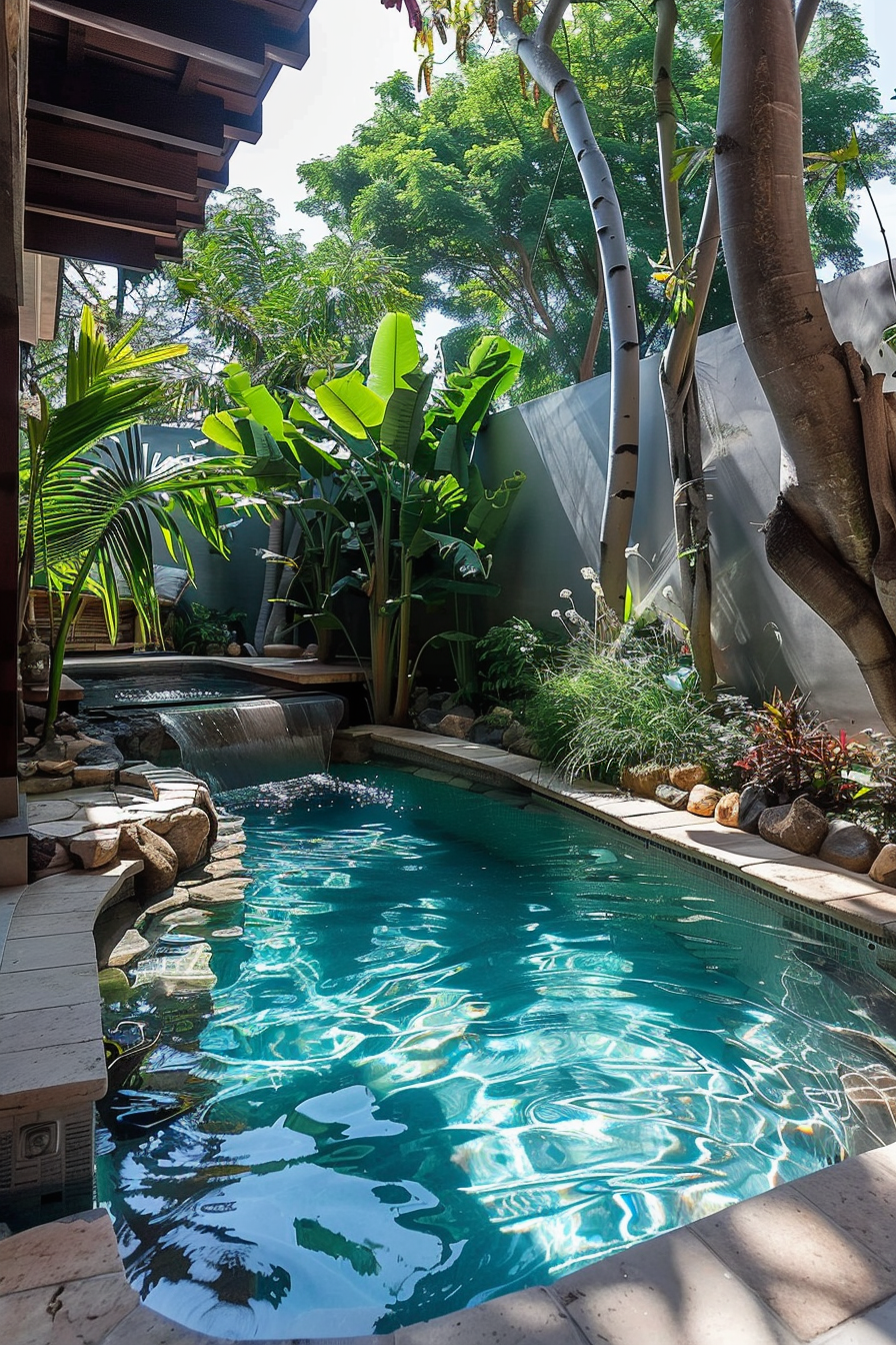 "Tranquil backyard garden with lush greenery surrounding a small pool with a waterfall, reflecting sunlight under a blue sky."
