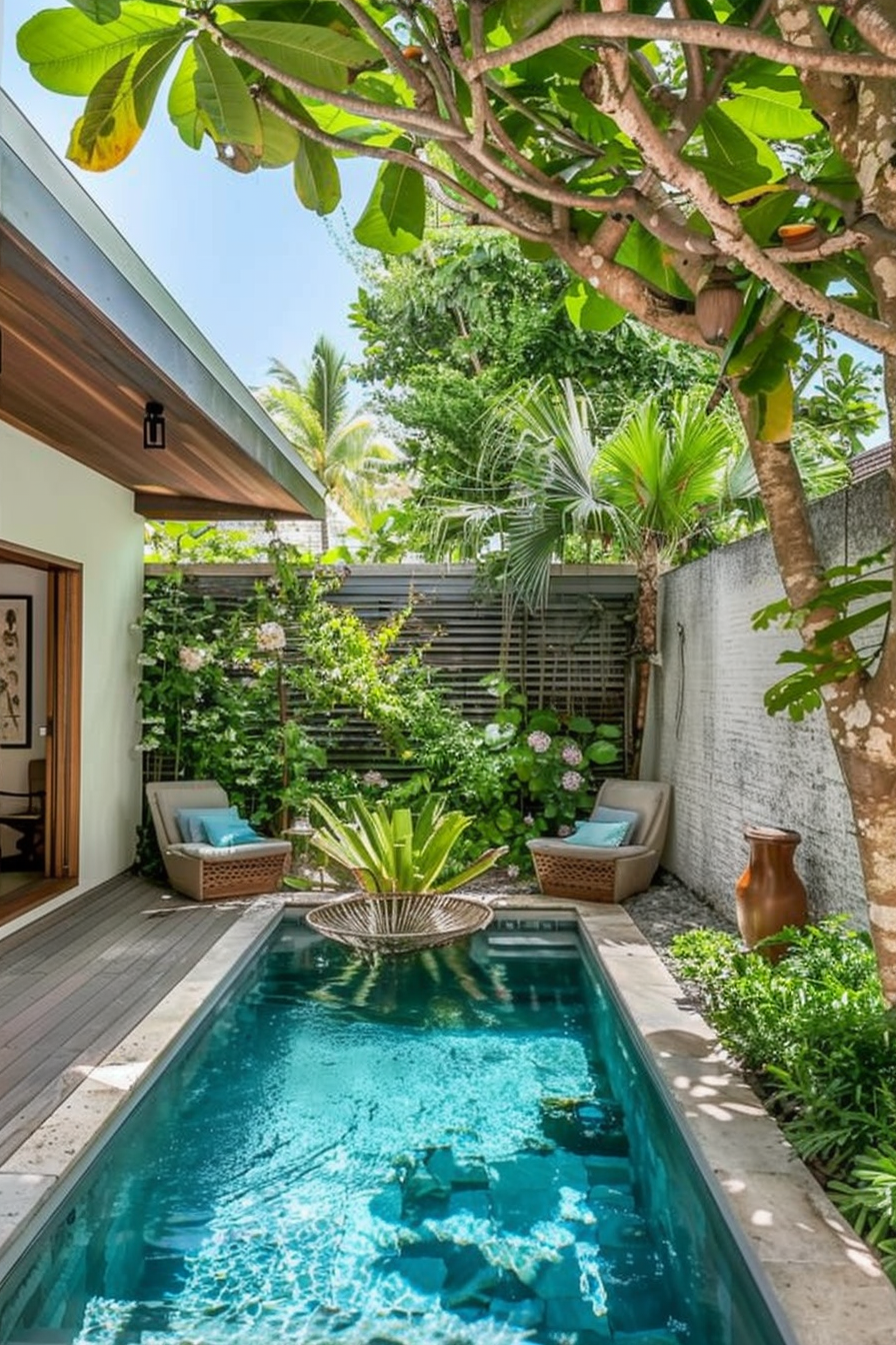 ALT: A tranquil backyard with a narrow pool surrounded by lush greenery, two lounge chairs, and decorative elements under a clear sky.