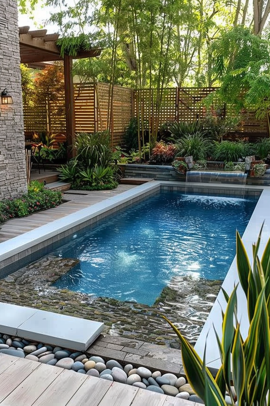 A serene backyard with a sparkling swimming pool, surrounded by lush plants, a wooden privacy fence, and a stone pathway.