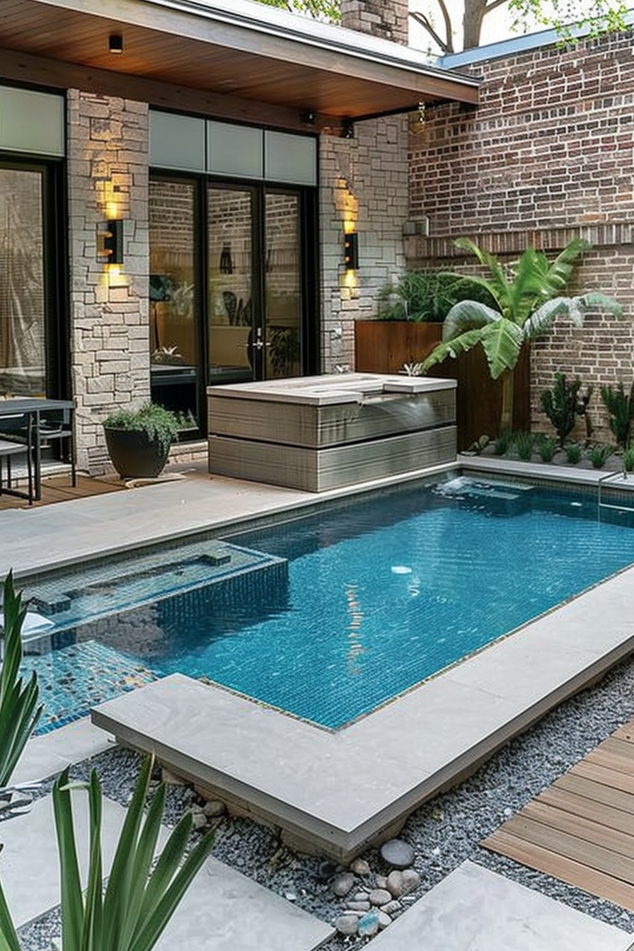 Modern backyard with a swimming pool, integrated hot tub, patio, and outdoor lighting, surrounded by brick walls and greenery.