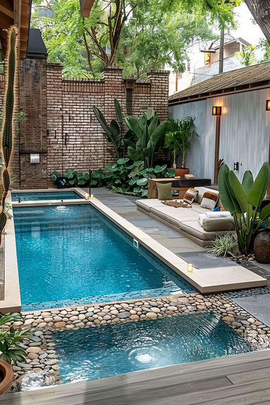 Tranquil backyard with a narrow swimming pool, surrounded by lush plants, brick walls, and a cozy seating area with cushions.